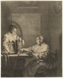 Interieur met dame en dienstmeid bij kaarslicht