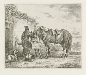 Paard bij een voederbak