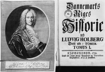 Baron Ludvig Holberg en de titelpagina van deel I van zijn Geschiedenis van Denemarken, gepubliceerd in Kopenhagen, 1732