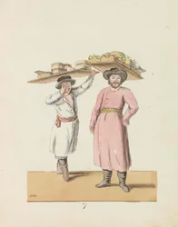 Fruithandelaar en boer die kaas en haring verkopen Uit de serie De St. Petersburg..., 1799