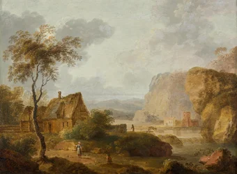 Berglandschap met rivier en boerderij