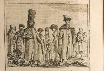 Traditionele kleding van Moskovieten Illustratie uit Reizen naar de Grote Hertog van Moskou en de Kin