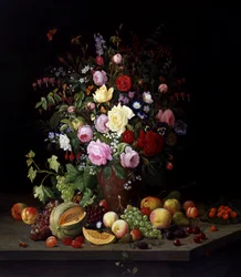 Stilleven van bloemen en fruit. Schilderij van Christian Mollback (1853-1921) Privécollectie.