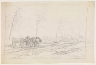 Landschap met bladloze bomen en een werkwagen