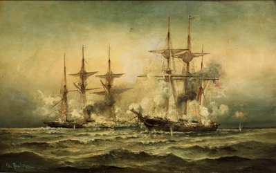 Kearsarge en Alabama bij de haven van Cherbourg in Frankrijk, 19 juni 1864, ca. 1870