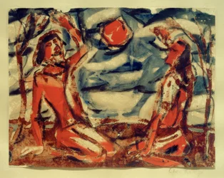 Twee naakten bij zonsondergang