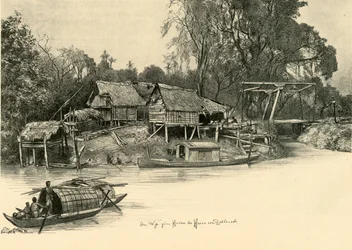 Huizen op palen, Bangkok, Siam.