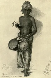 Pina - trommelslager in een boeddhistische tempel, Kandy, Ceylon