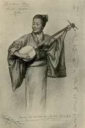 Vrouw die de shamisen speelt, Mentaki-watervallen, Kobe, Japan