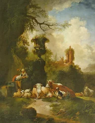 Bucolisch landschap met urn