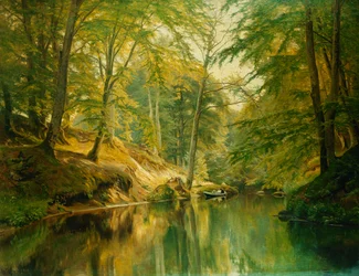 Een Bebost Rivierlandschap met Figuren in een Boot, 1893