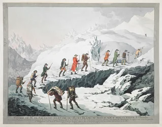 Horace Bénédict de Saussure en zijn gidsen steken een gletsjer over Mont Blanc (gravure)