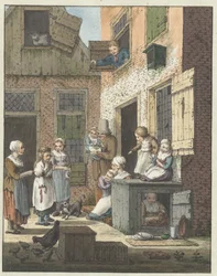 Groep mensen voor de deur van een woning