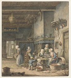 Interieur met boerenfamilie rond tafel