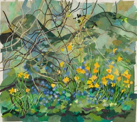 Cornerways Garden Narcissen en blauwe anemonen, 2013 (aquarel geschilderd papier collage)
