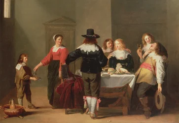 Een wachtkamerinterieur met soldaten die eten en drinken in vrouwelijk gezelschap, 1639