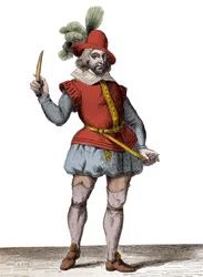 Portret van François Ravaillac, de moordenaar van Hendrik IV (1553-1610), gravure naar Christoffel van Sichem de Oude (1546-1624) - Staand portret van François Ravaillac (1578-1610), moordenaar van koning Hendrik IV (1553-1610)