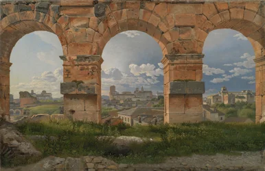 Een uitzicht door drie van de noordwestelijke bogen van de derde verdieping van het Colosseum in Rome