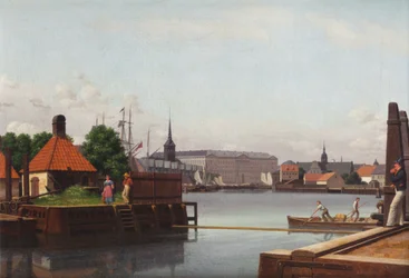 Deens: Børsen, Christiansborg, Holmens Kirke, set fra Asiatisk Kompagnis Plads De Beurs, Christiansborg en de kerk van Holmen, gezien vanaf het terrein van de Aziatische Compagnie.