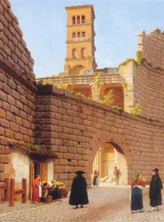 De muur rond het Forum van Augustus met de tempel Mars Ultor en de campanile van de kerk San Basilio in Rome.