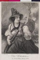 Meisjes uit het Zillertal in de Tiroolse vrijheidsstrijd 1809 (gravure)