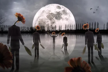 Figuurtjes met bloemenkoppen bij maanlicht