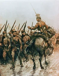 Lansier van het Belgische Gidsenkorps passeert Franse infanterie die in 1914 naar het front marcheert