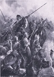 Slag bij Preston 17 augustus 1648: Bij de stoot van de piek werden ze van de brug geslagen, illustratie uit 