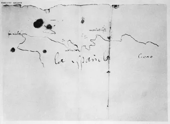 Schets van de kust van Espanola, getekend door Columbus tijdens de eerste reis, uit het origineel in het bezit van de Duque de Berwick y de Alba, 1492