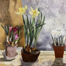 Krokus en narcis in potten. Schilderij van Christopher Wood (1901-1930) Privécollectie.