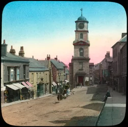 Stadhuis en Marktstraat, Penryn, Cornwall, late 19e of vroege 20e eeuw