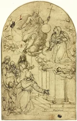 Visioen van Sint Franciscus van Assisi in Portiuncula (recto); Sierontwerp (verso)