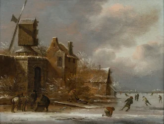 Een winterlandschap met schaatsers op een bevroren rivier buiten een dorp