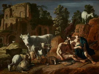 Dutch: Mercurius maakt zich op de slapende Argus te onthoofden Mercury and Argus surrounded by animals in a landscape