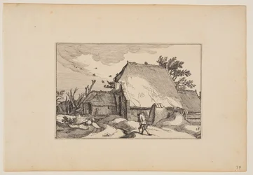 Een boerderij, man met twee emmers op pad ervoor, uit Landschappen (Verscheyden aerdige Lanthuysen...)