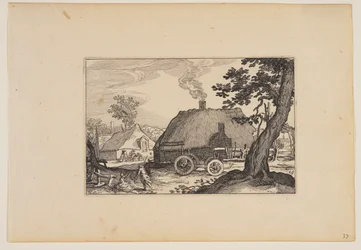 Boerderijen, chassis van een kar in het midden, uit Landschappen (Verscheyden aerdige Lanthuysen...)