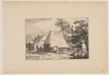 Boerenerf, Man rustend op een hek links van het midden, uit Landschappen (Verscheyden aerdige Lanthuysen...)