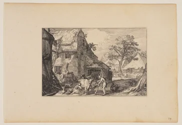 Boerenerf, met verloren zoon tussen de varkens, uit Landschappen (Verscheyden aerdige Lanthuysen...)