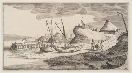 Boten aan wal bij een uitkijktoren, uit Landschappen (Playsante Lantschappen)