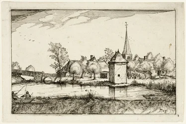 Vijver en een dorp, plaat vijftien naar afbeeldingen van boerderijen, landhuizen en rustieke dorpen (Praediorum villarum et rusticarum casularum icones)