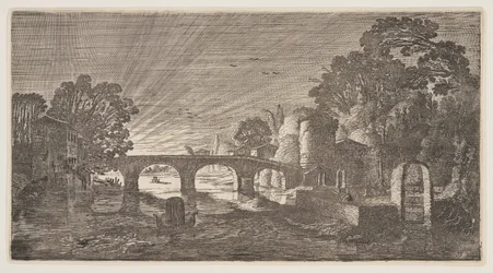 Zonsondergang boven een rivier, uit Landschappen (Playsante Lantschappen)