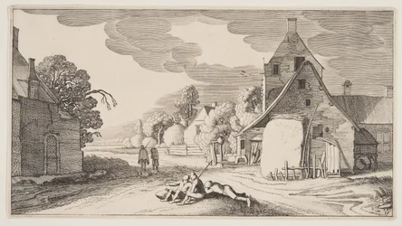 Drie boeren rustend op een kruispunt in een dorp, uit Landschappen (Playsante Lantschappen)