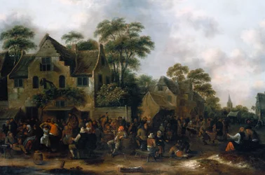 Boeren die dansen en feestvieren in een dorpsstraat