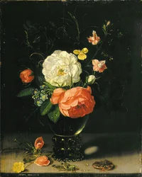 Bloemen in een vaas met sprinkhaan en kikker