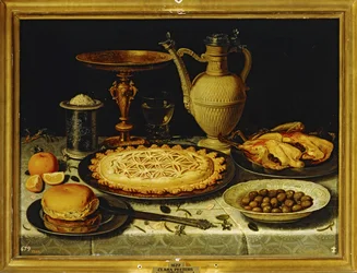 Stilleven - Maaltijd met geroosterde kip, brood en olijven ...
