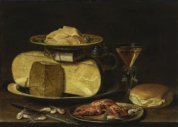 Stilleven met kazen, glas à la façon de Venise en rivierkreeft op een tinnen bord