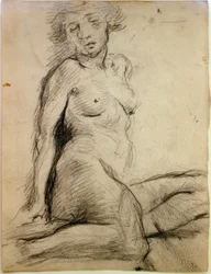 Zittende vrouwelijke naakt met gesloten ogen