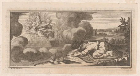 Allegorische of Bijbelse voorstelling met knielende figuur voor man op troon met vlammen