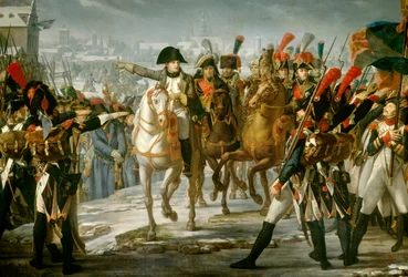 Keizer Napoleon I (1769-1821) toespreekt het 2e Korps van de Grote Armee op de brug van Lech voor de aanval op Augsburg 12/10/1805