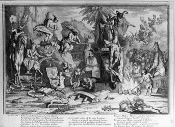 Sabbatceremonies, demonen, heksen en monsterlijke wezens die dansen. Gravure van Gillot